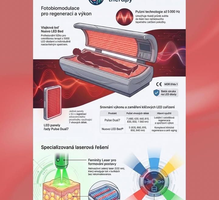 Technologie Nuovo Therapy, které spojují moderní fotobiomodulaci a specializovaná laserová řešení pro podporu zdraví, regenerace, krásy…